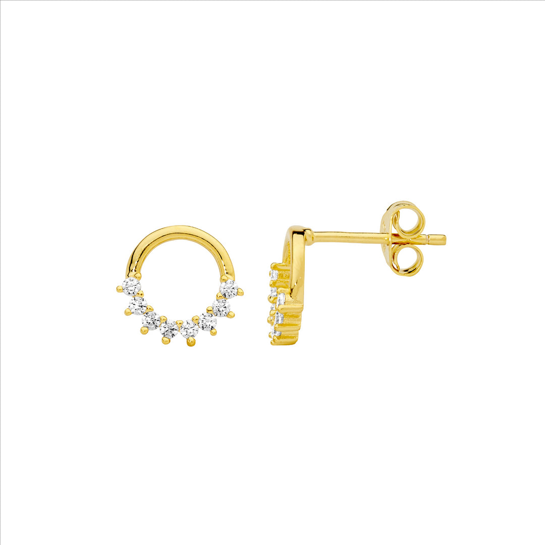 SS 9mm Open Circle Earrings, Half WH CZ Claw Set w/Gold Plating