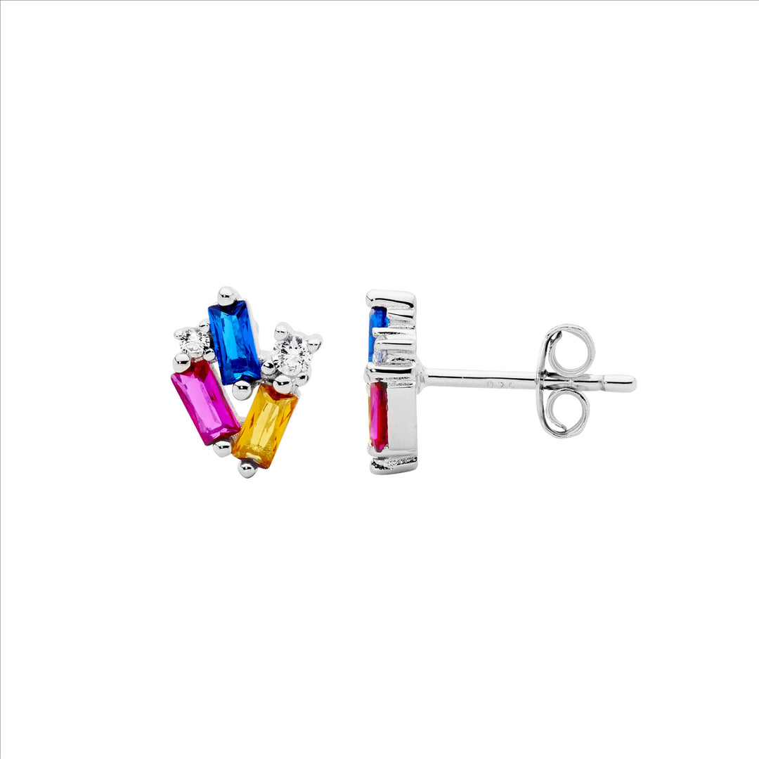 SS Staggered Rnd & Baguette Multi Colour CZ Earrings