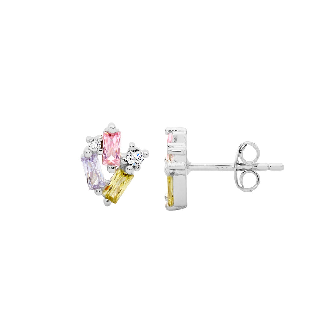 SS Staggered Rnd & Baguette Pastel Colour CZ Earrings