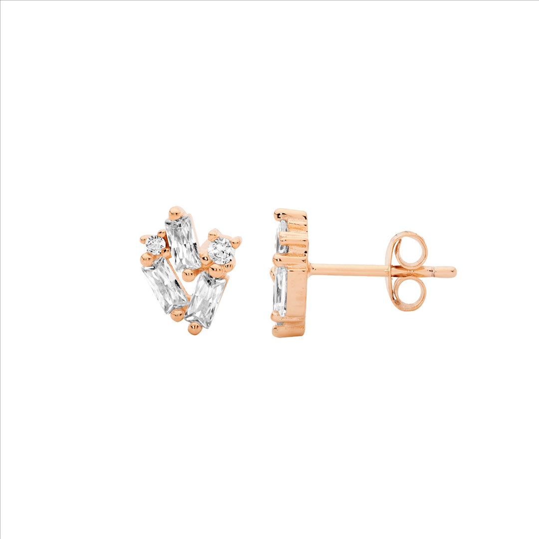 SS Staggered Rnd & Baguette WH CZ Earrings w/Rose Gold Plating