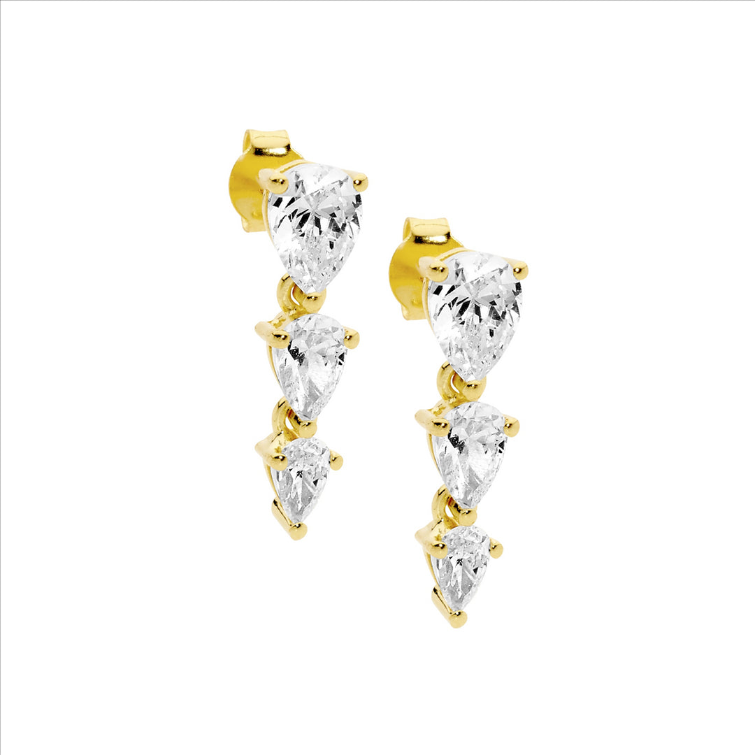 SS 3 Pear WH CZ Drop Earrings w/Gold Plating