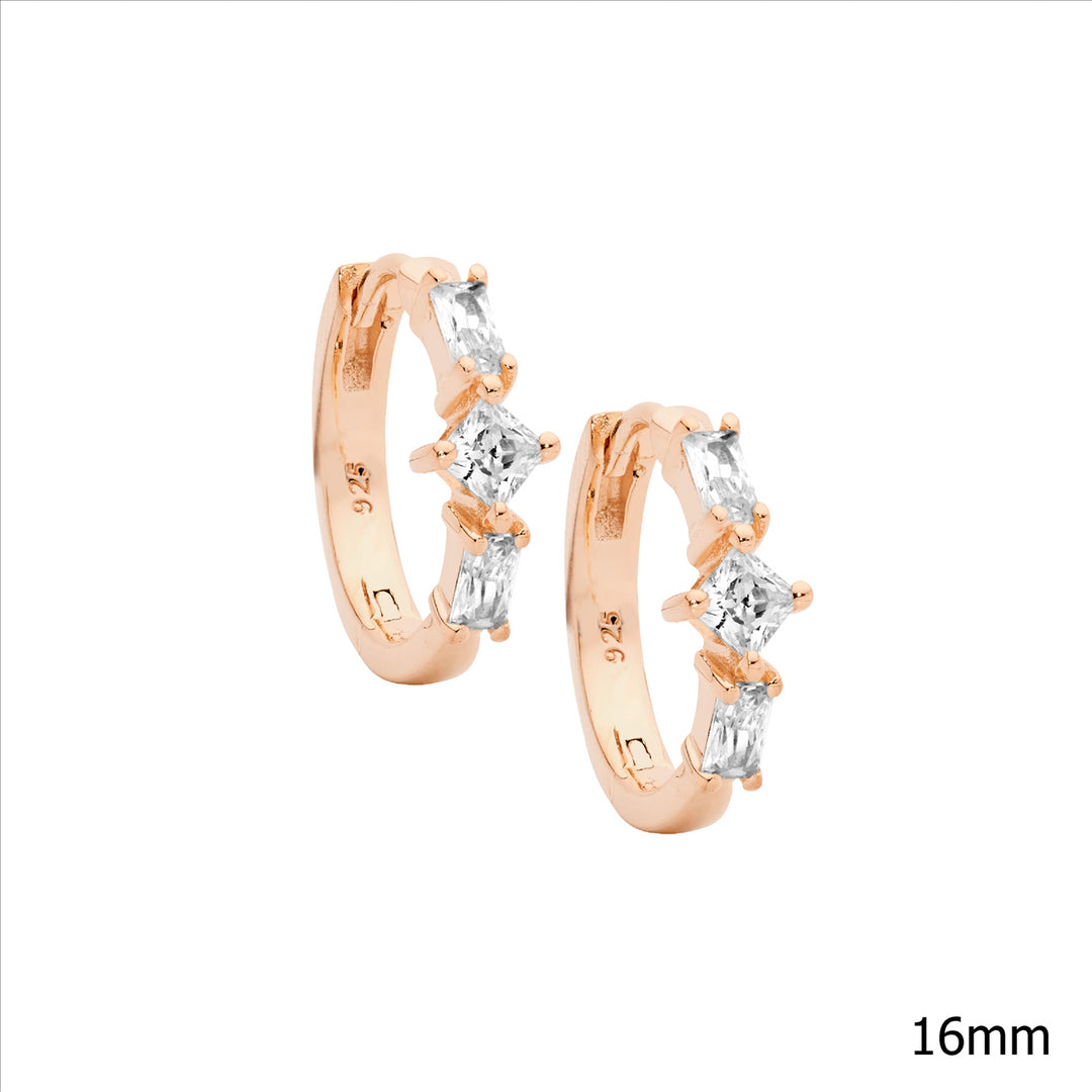 SS Baguette & Princess WH CZ 16mm Hoop Earrings w/Rose Gold Plating