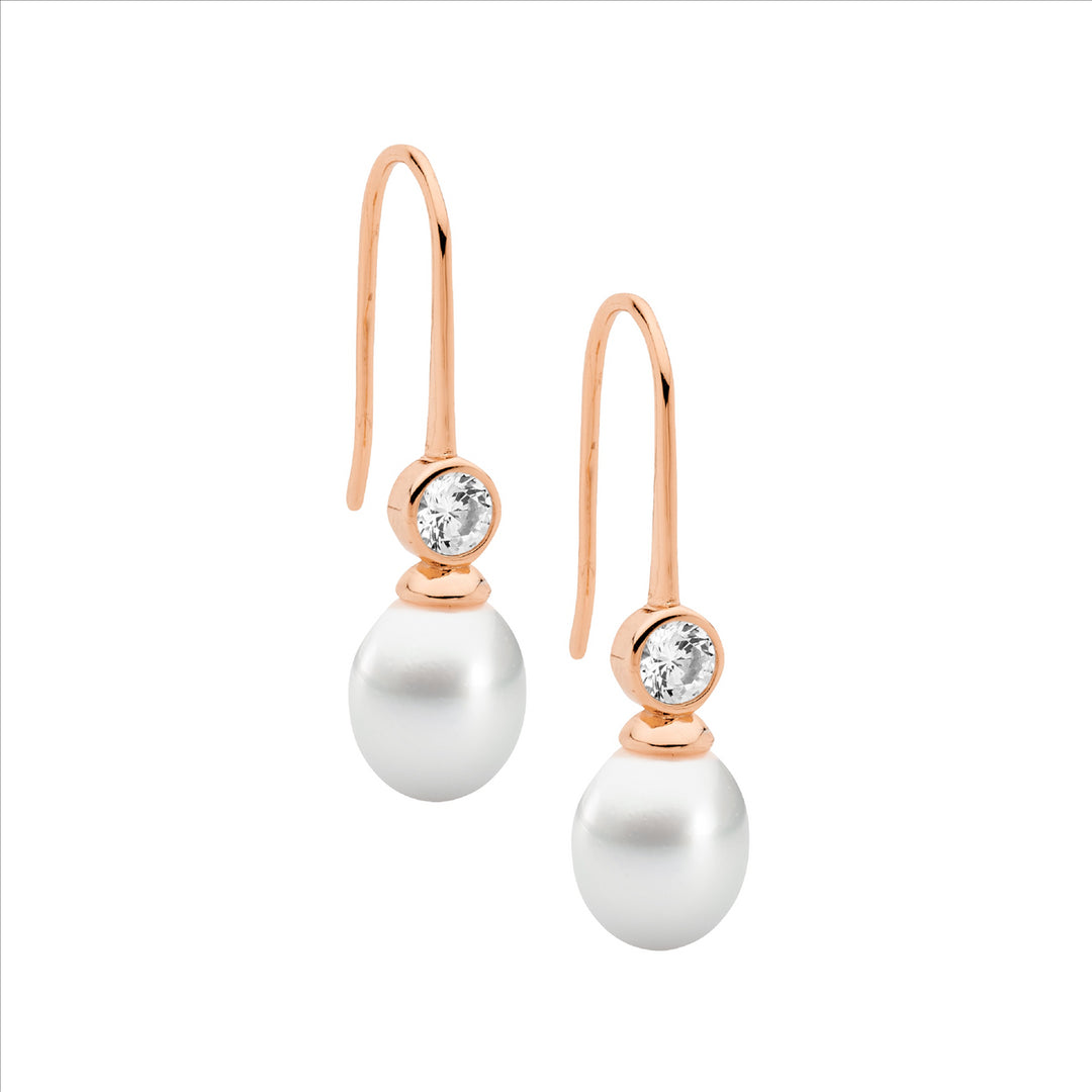 SS 4mm Bezel WH CZ w/Freshwater Pearl Shp/hook Earrings w/Rose Gold Plating