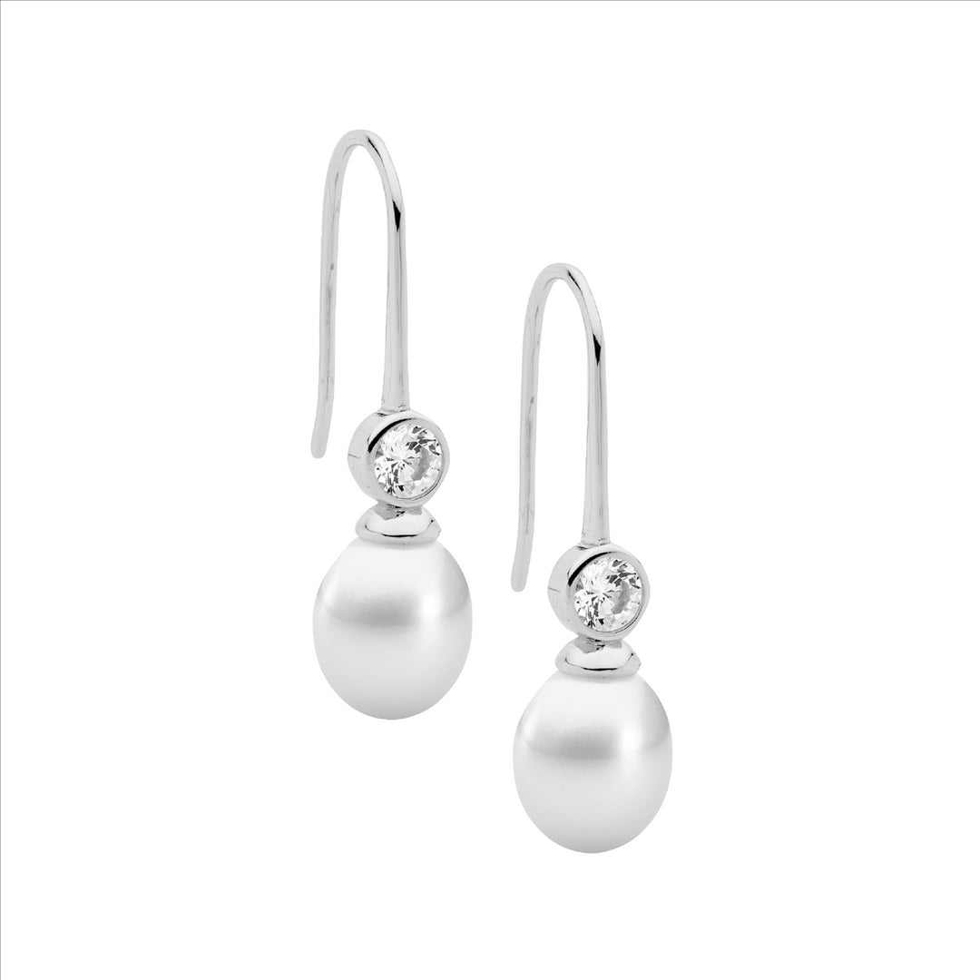 SS 4mm Bezel WH CZ w/Freshwater Pearl Shp/hook Earrings