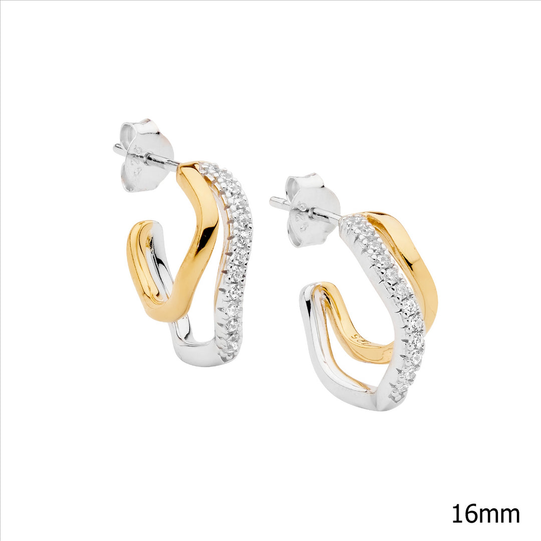 SS 16mm Dble Wave Hoop Earrings, 1x WH CZ w/Gold Plating