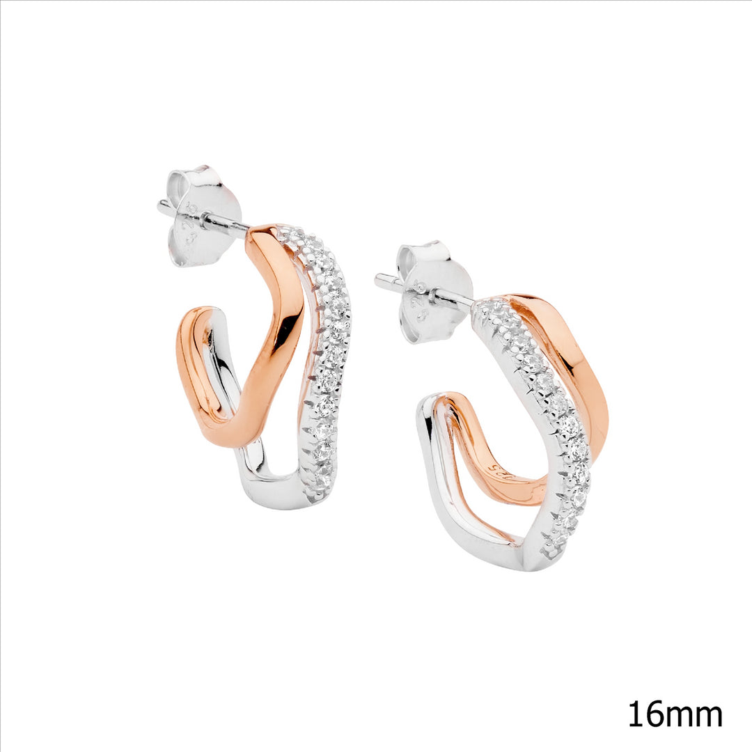 SS 16mm Dble Wave Hoop Earrings, 1x WH CZ w/Rose Gold Plating