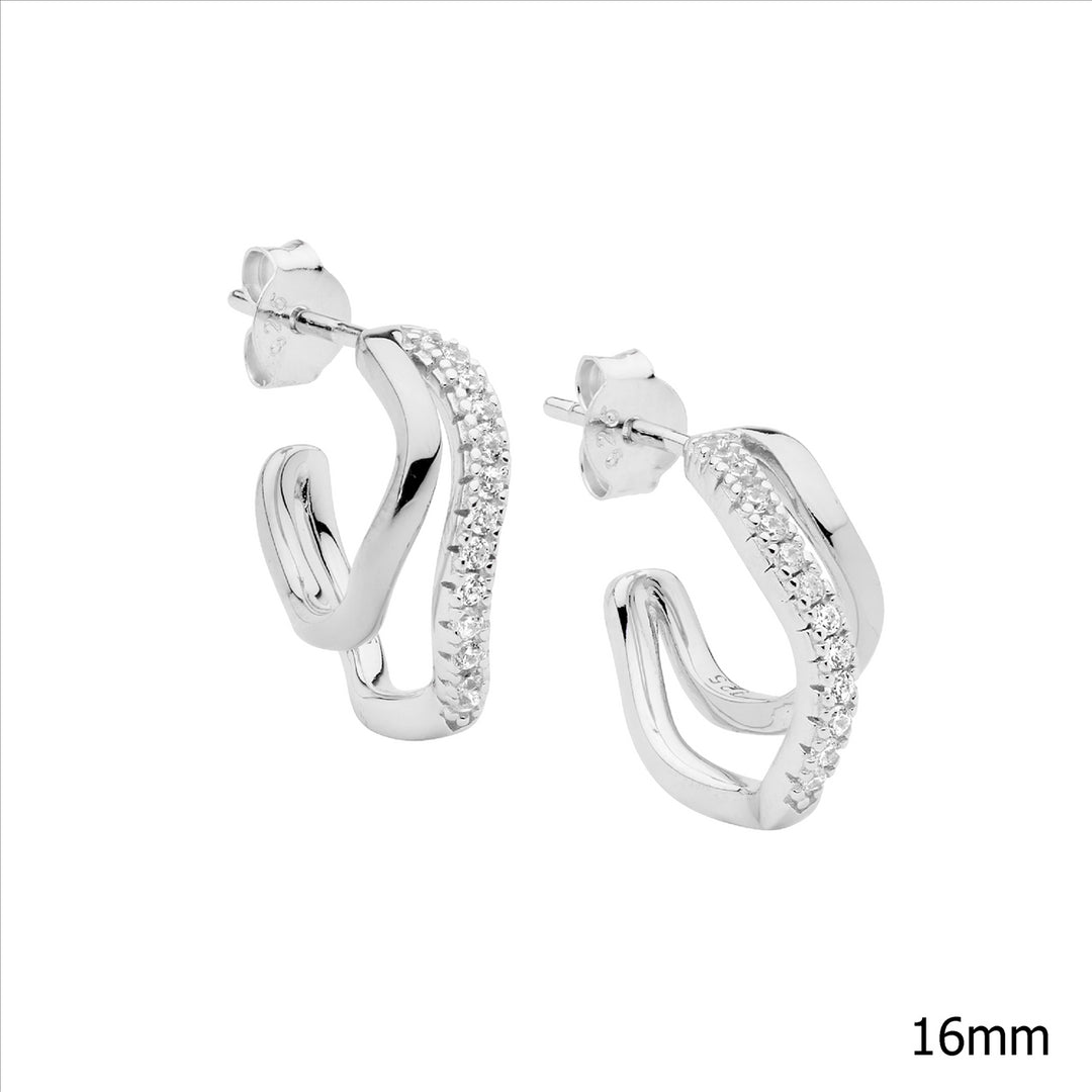 SS 16mm Dble Wave Hoop Earrings, 1x WH CZ