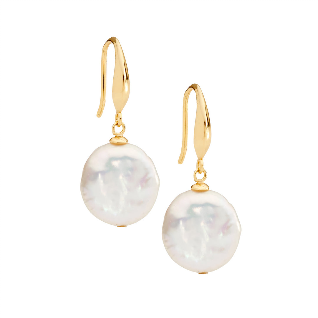 SS 12mm Freshwater Coin Pearl Earrings, Shp Hook w/Gold Plating