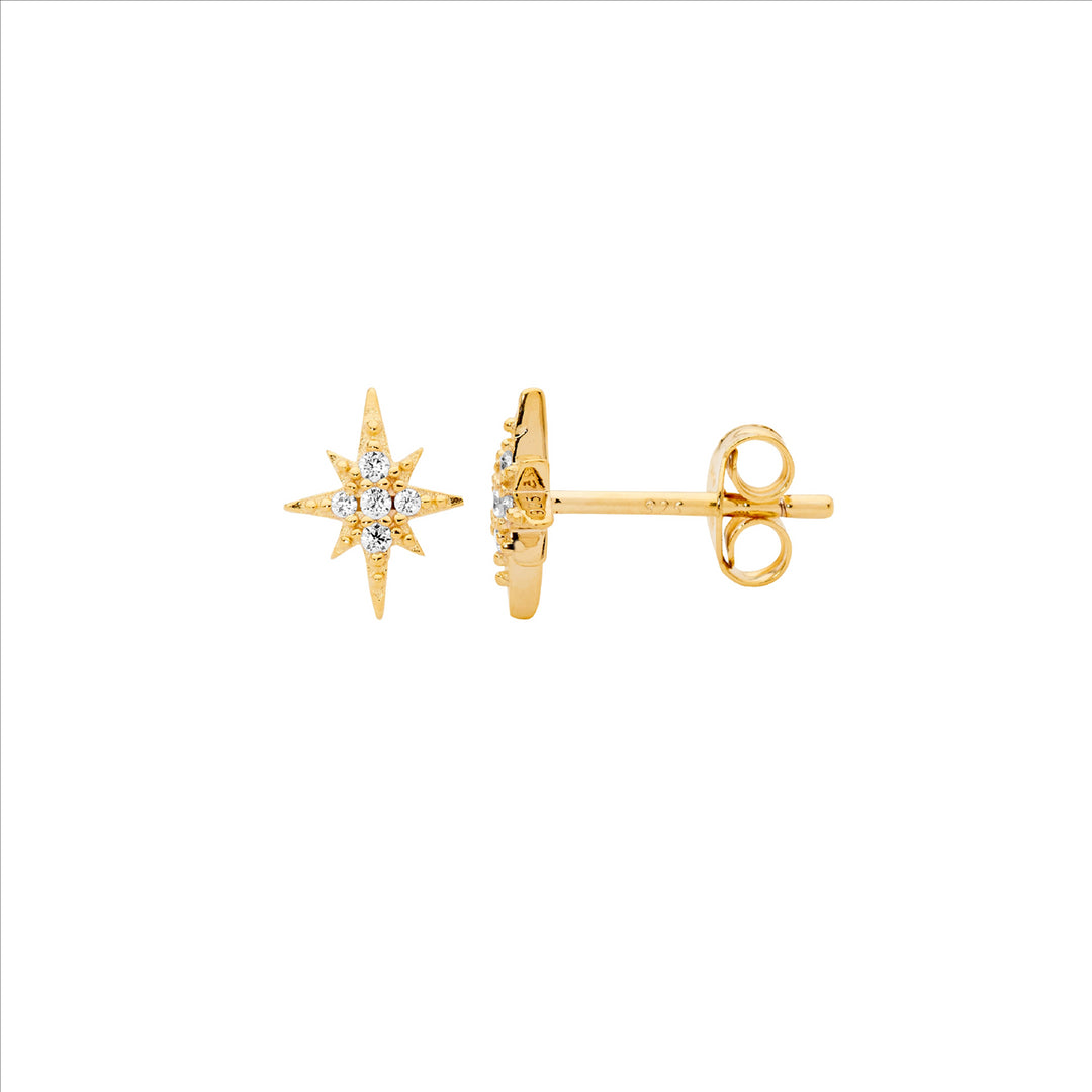 SS WH CZ Star Stud Earrings w/ Gold Plating