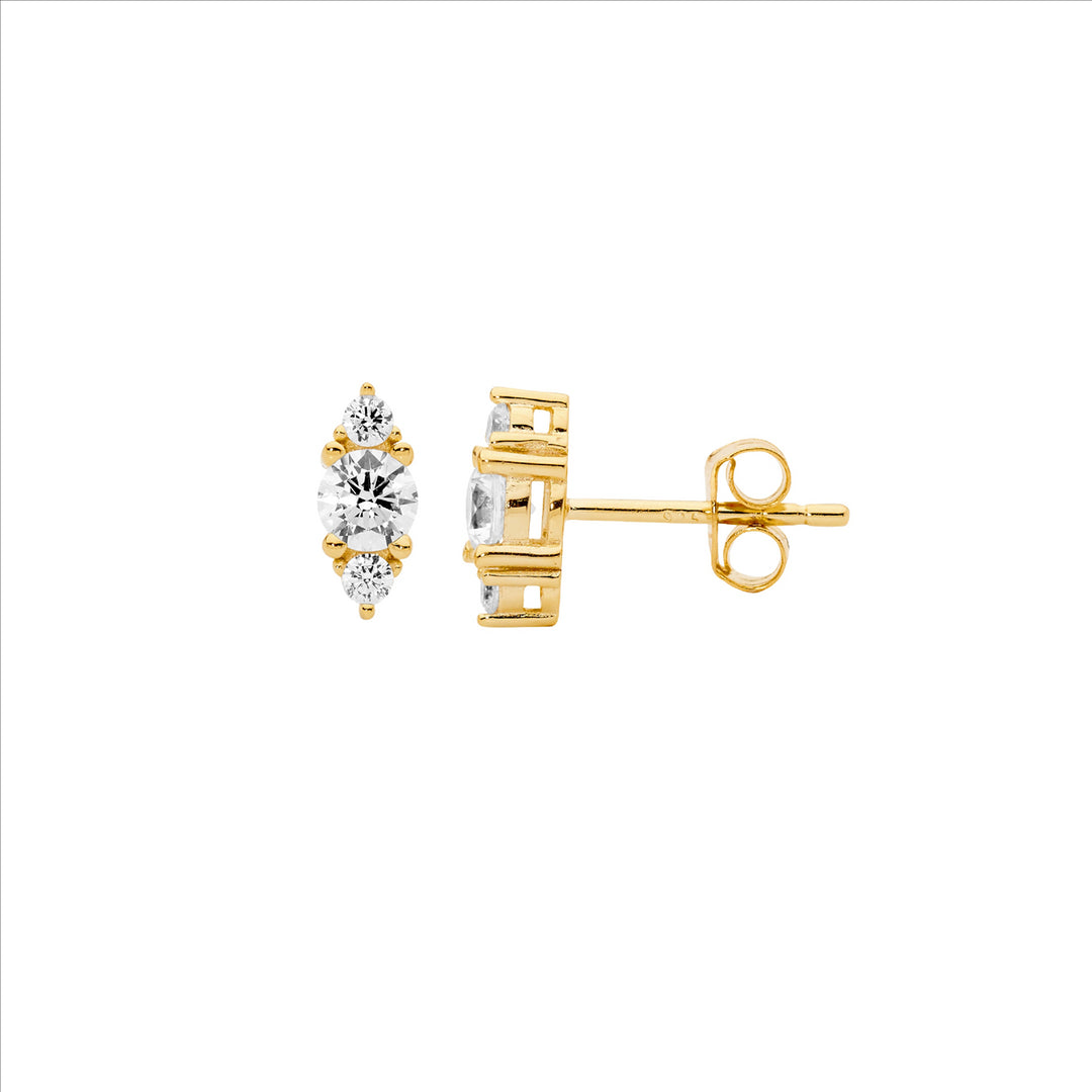 SS 3x WH CZ Stud Earrings w/Gold Plating