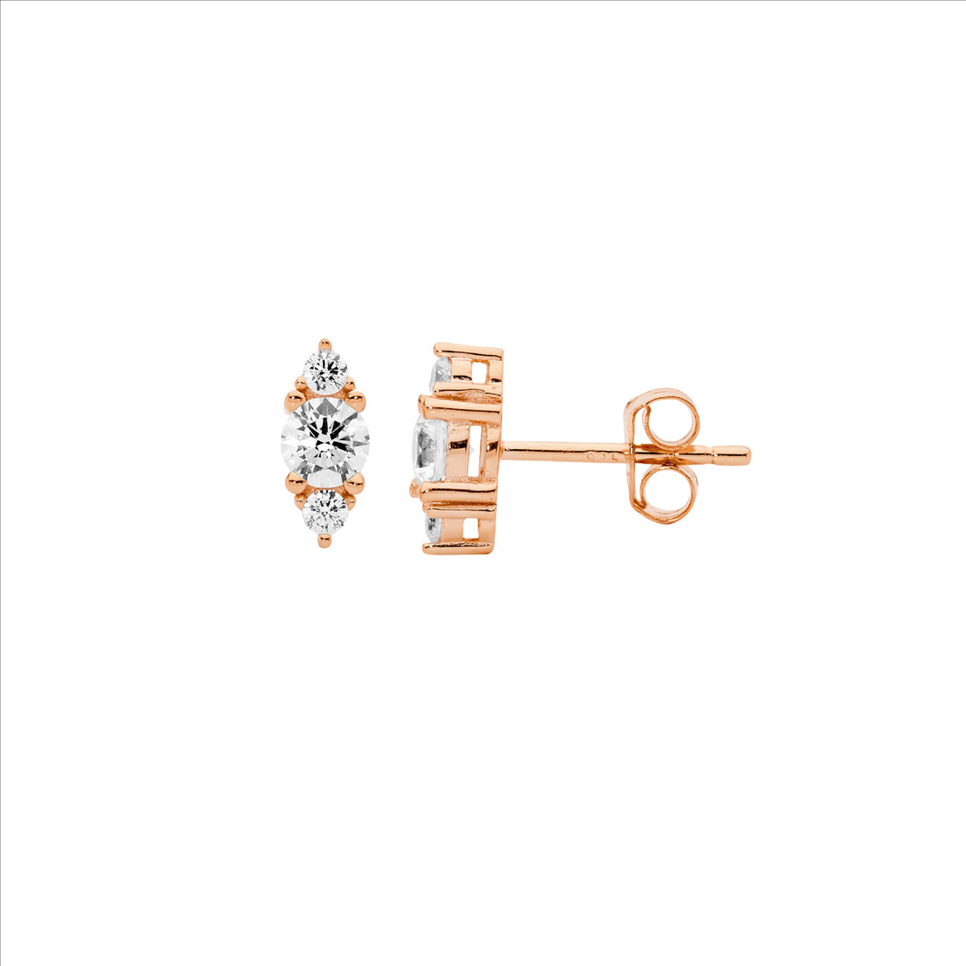 SS 3x WH CZ Stud Earrings w/Rose Gold Plating