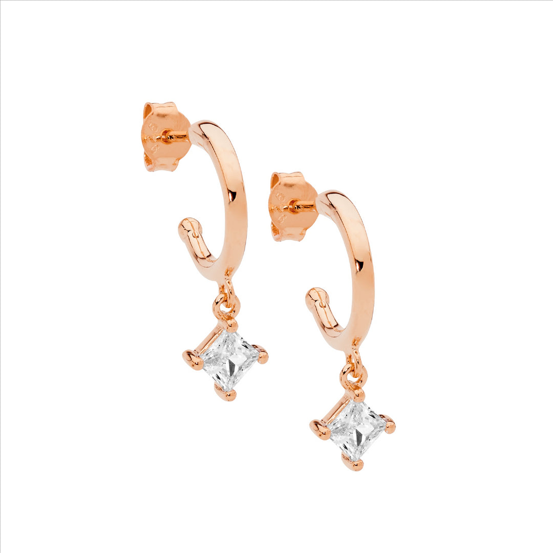 SS 13mm Hoop Earrings, Princess Cut WH CZ Drop w/Rose Gold Plating