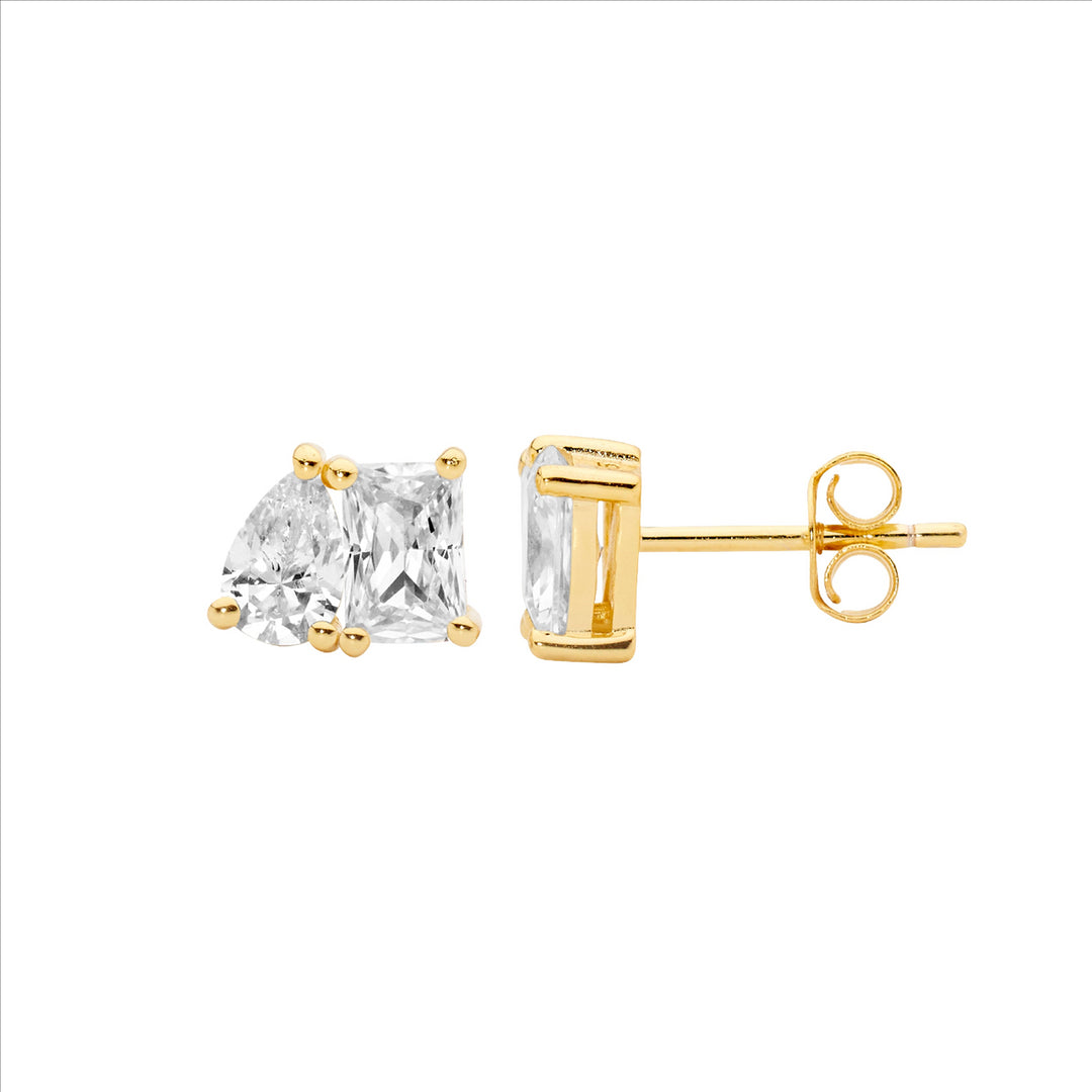 SS Emerald & Pear Cut WH CZ Stud Earrings w/Gold Plating