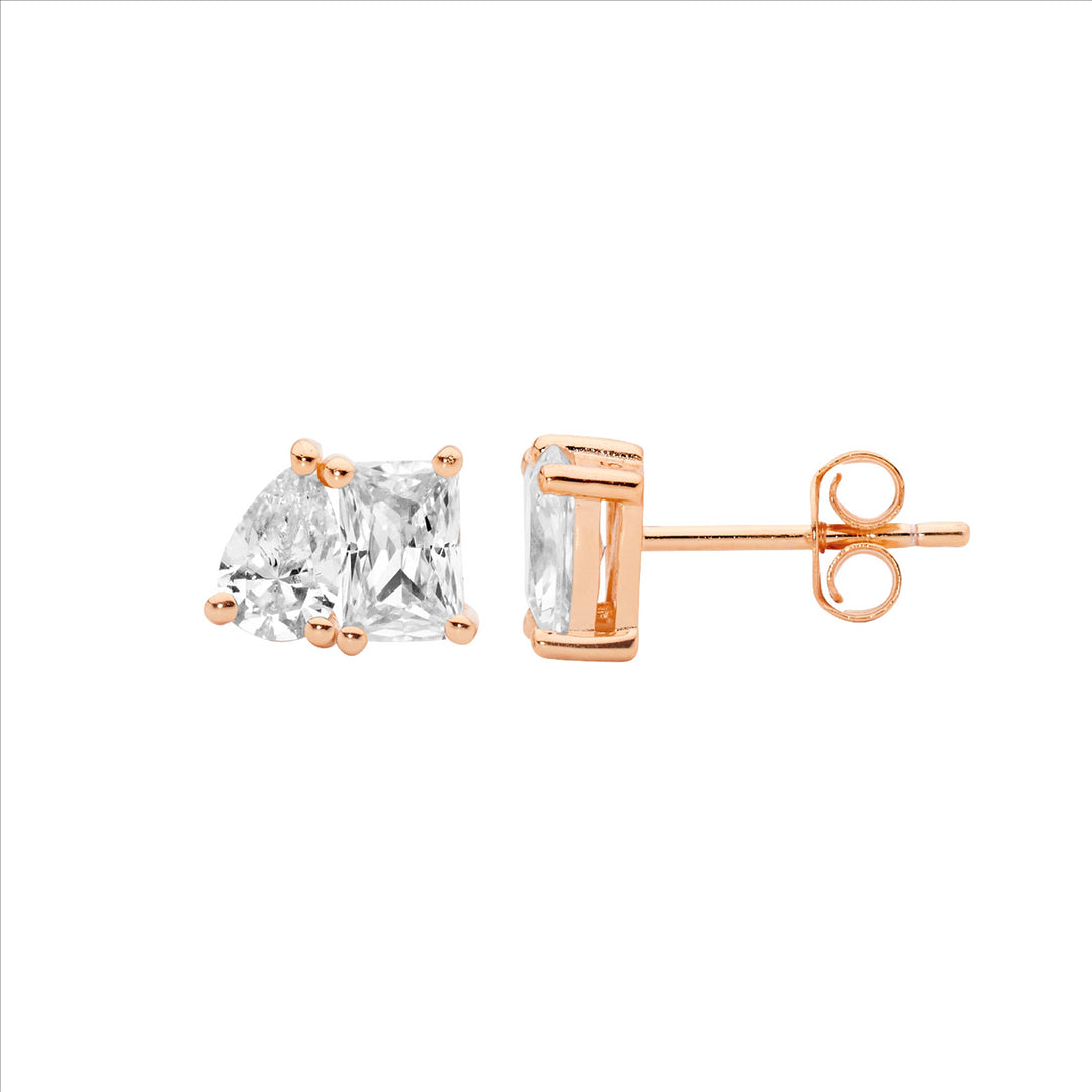 SS Emerald & Pear Cut WH CZ Stud Earrings w/Rose Gold Plating