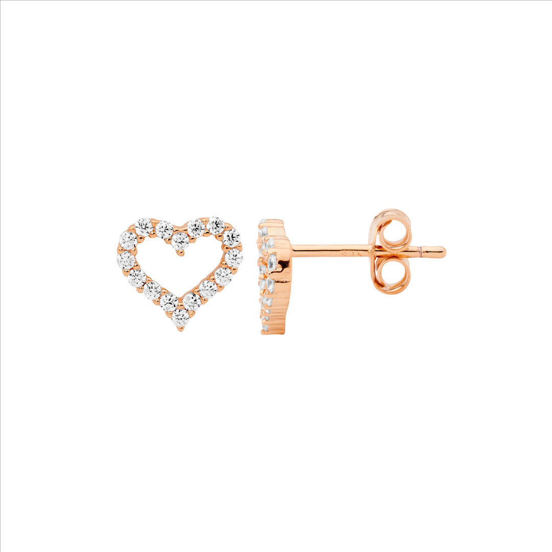 SS WH CZ 8mm Open Heart Earrings w/Rose Gold Plating
