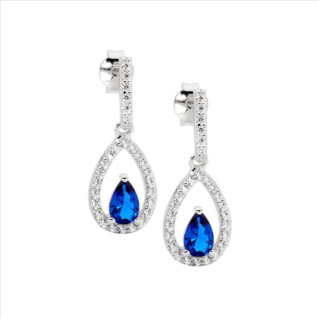 SS WH CZ Open Pear w/DK Blue Pear CZ Cntr Drop Earrings
