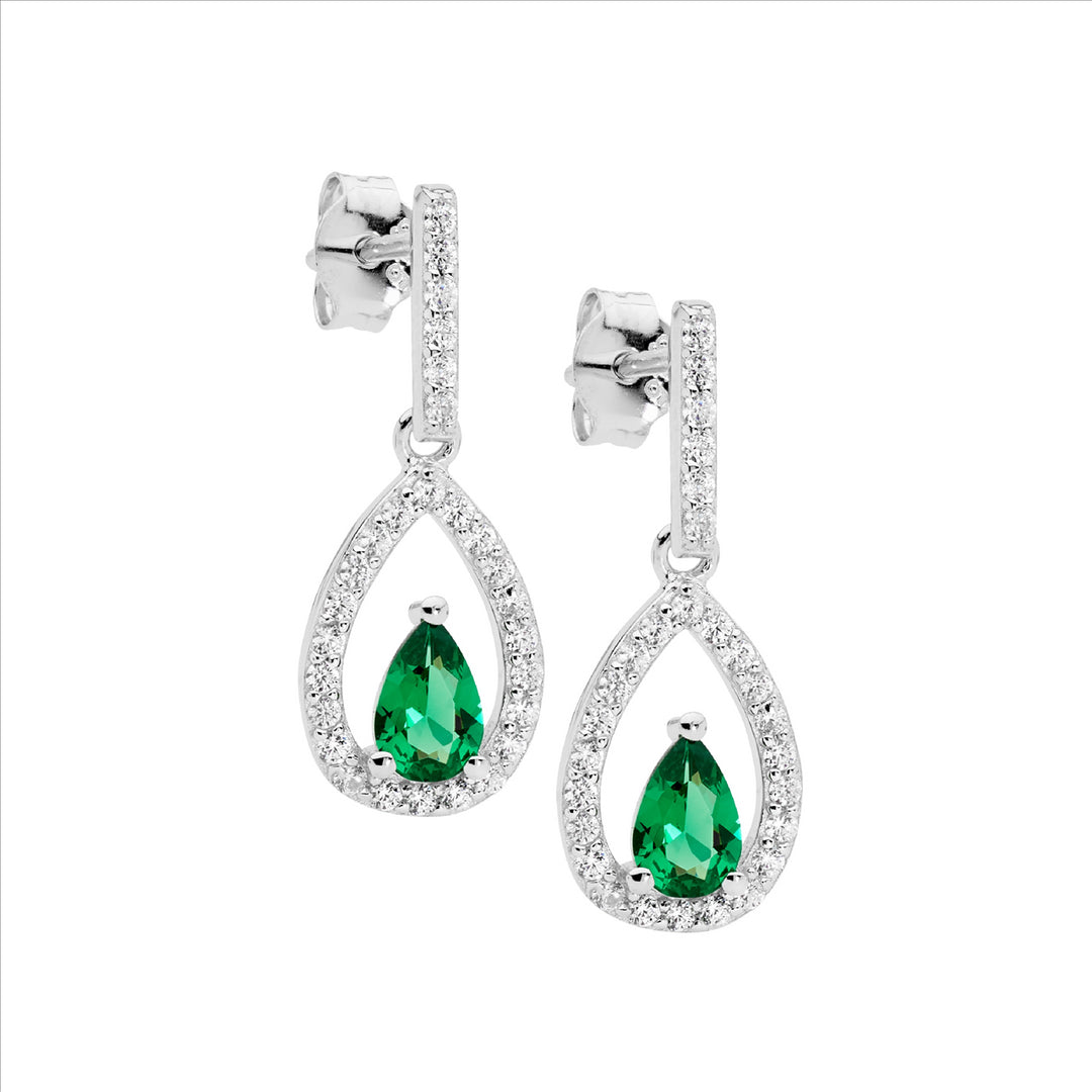 SS WH CZ Open Pear w/Green Pear CZ Cntr Drop Earrings
