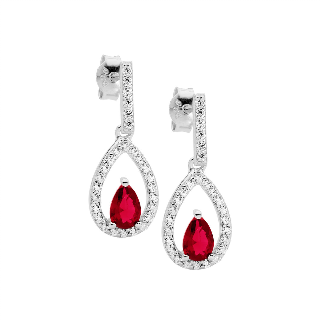 SS wh cz open pear w/ red pear cz cntr drop earrings