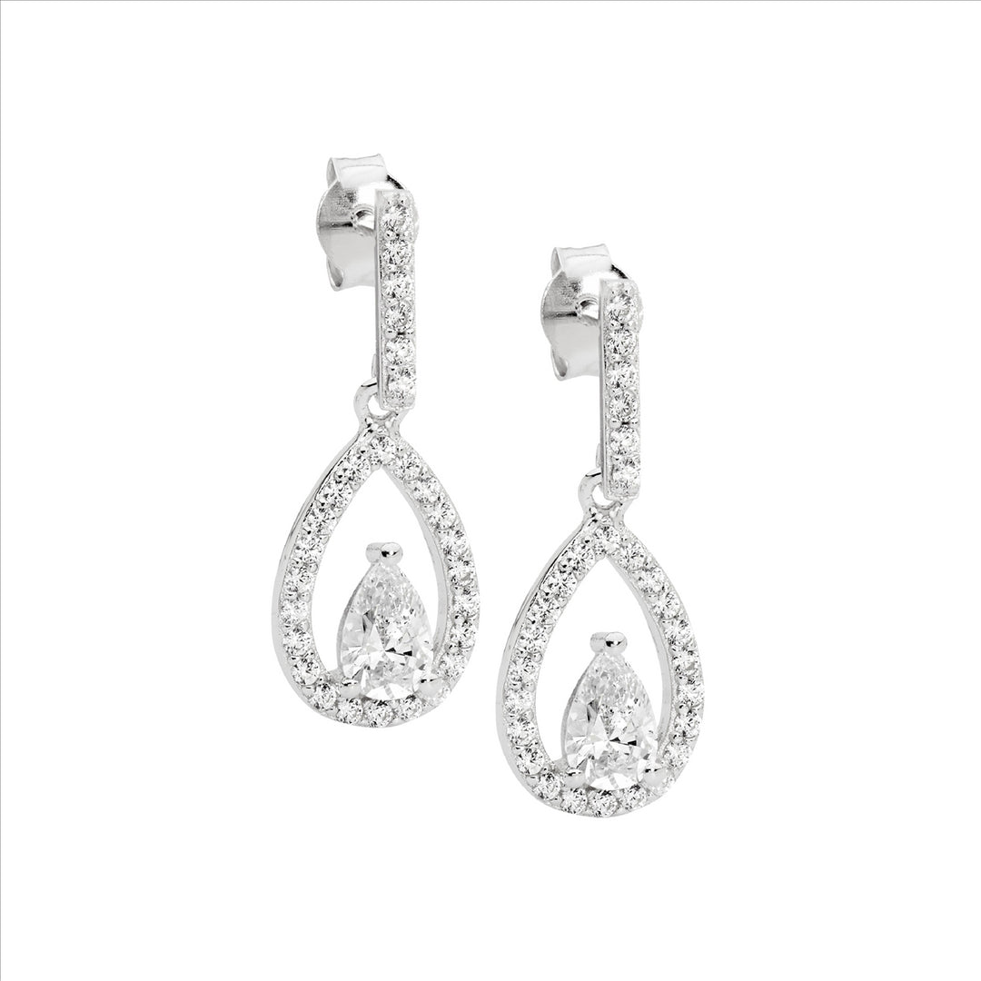 SS WH CZ Open Pear w/WH Pear CZ Cntr Drop Earrings
