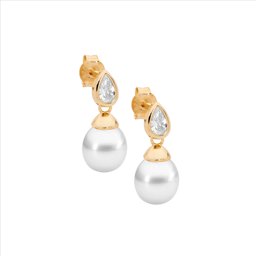 SS Bezel WH CZ Pear, Freshwater Pearl Earrings w/Gold Plating