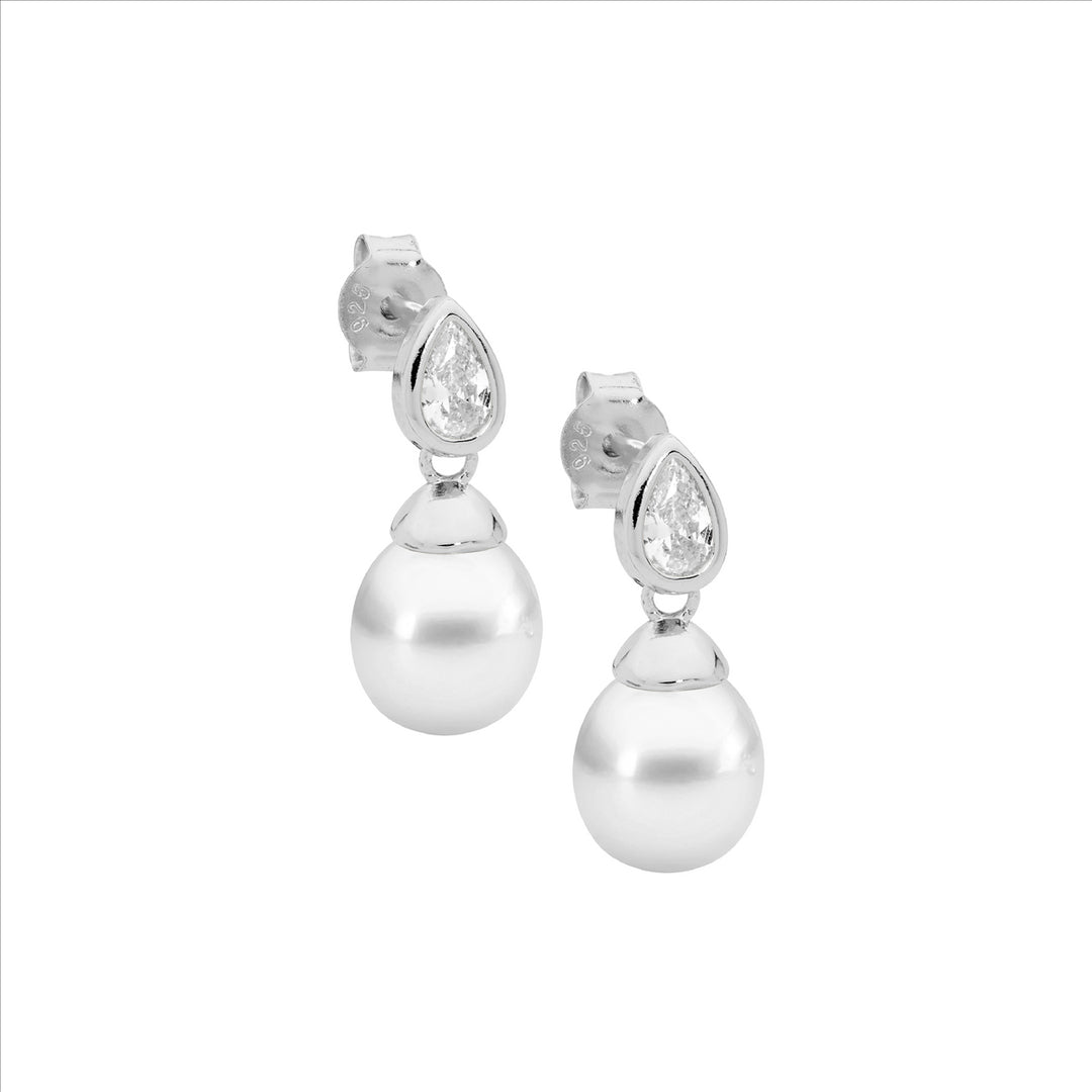SS Bezel WH CZ Pear, Freshwater Pearl Earrings