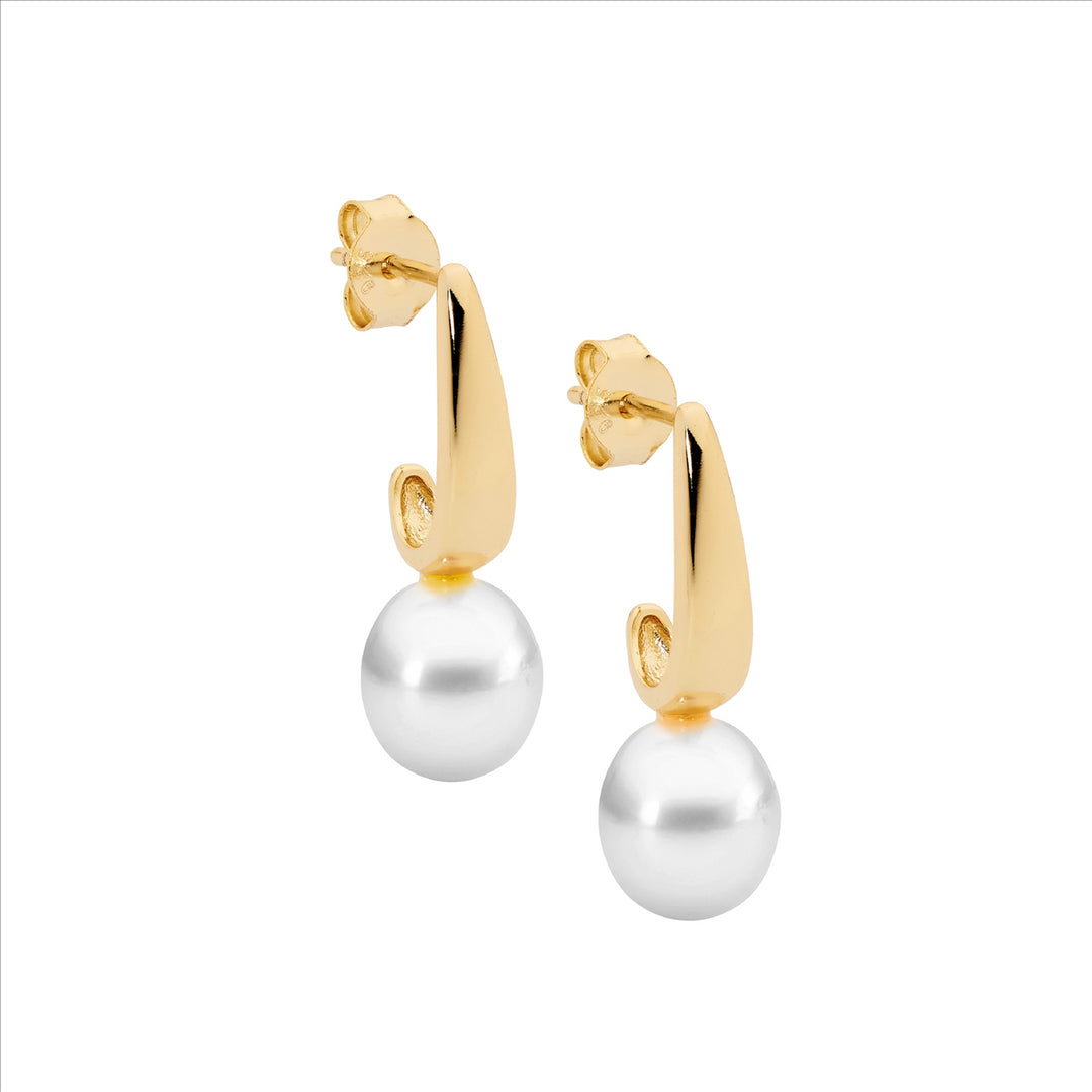 SS Drop Earrings w/Freshwater Pearl & Gold Plating