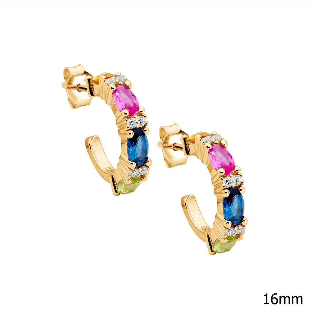 SS multi colour oval & wh rnd cz 16mm hoop earrings, gold plating
