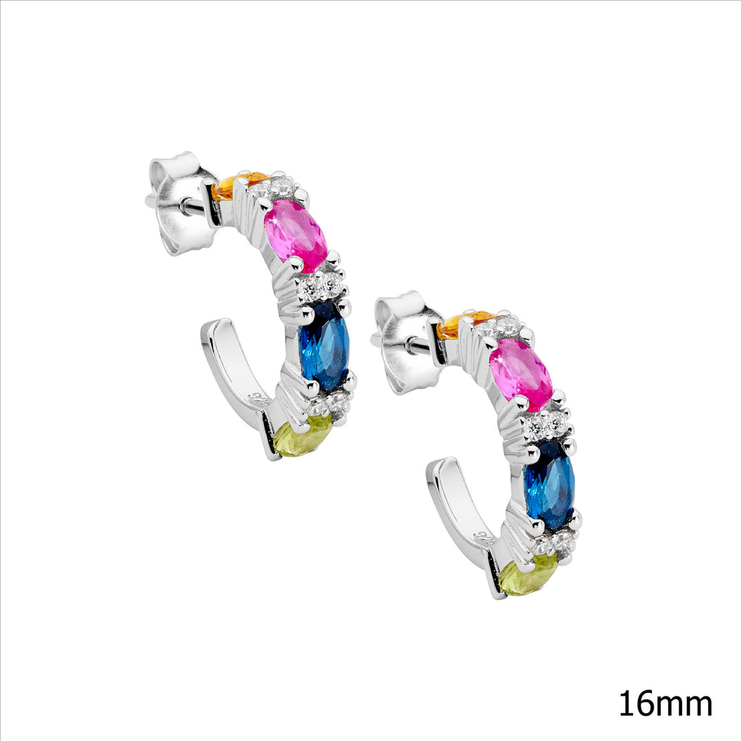 SS Multi Colour Oval & WH Rnd CZ 16mm Hoop Earrings