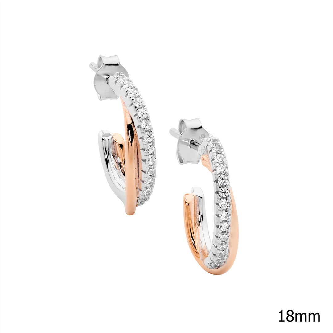 SS 18mm Cross Over Oval Hoop Earrings, 1x WH CZ 1x Rose Gold Plating