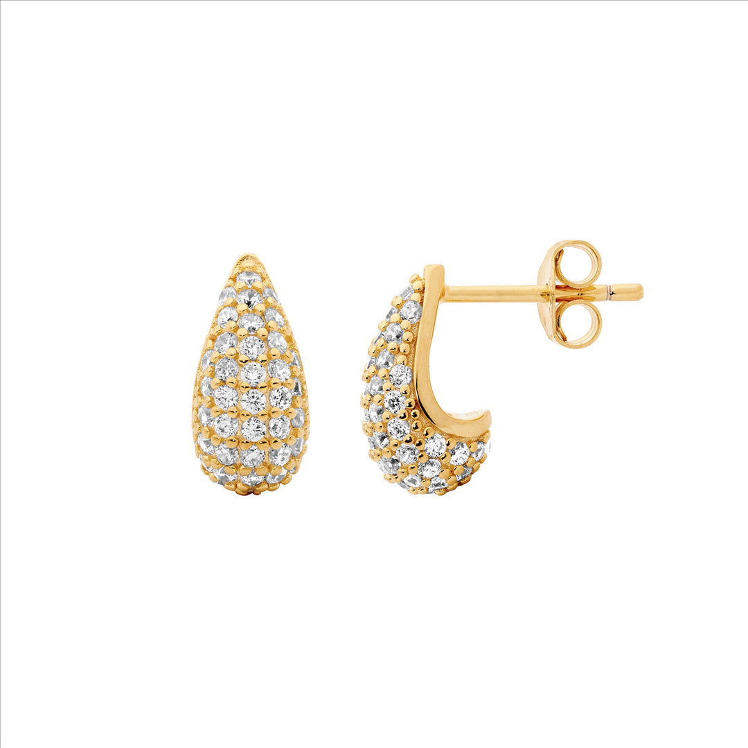 SS WH CZ Pave 12mm Tear Drop Earrings w/Gold Plating