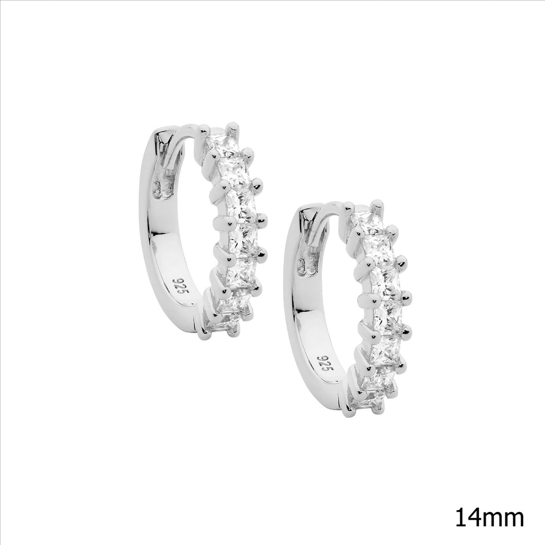 SS WH CZ Princess Cut 14mm Hoop Earrings
