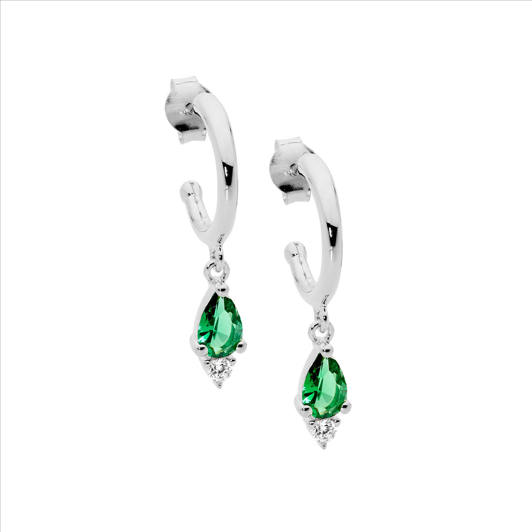 SS 13mm Hoop Earrings, Green Pear & WH Rnd CZ Drop