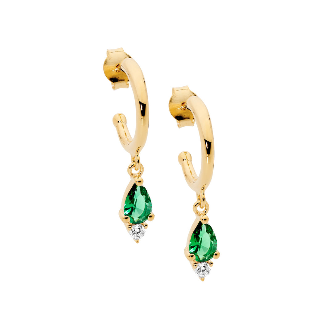 SS 13mm Hoop Earrings, Green Pear & WH Rnd CZ Drop w/Gold Plating