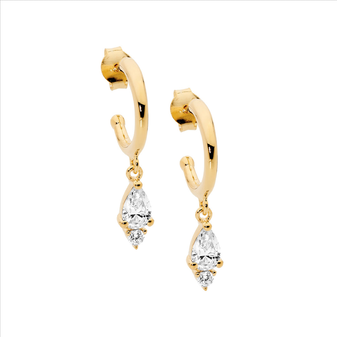 SS 13mm hoop earrings, pear & rnd wh cz drop w/gold plating
