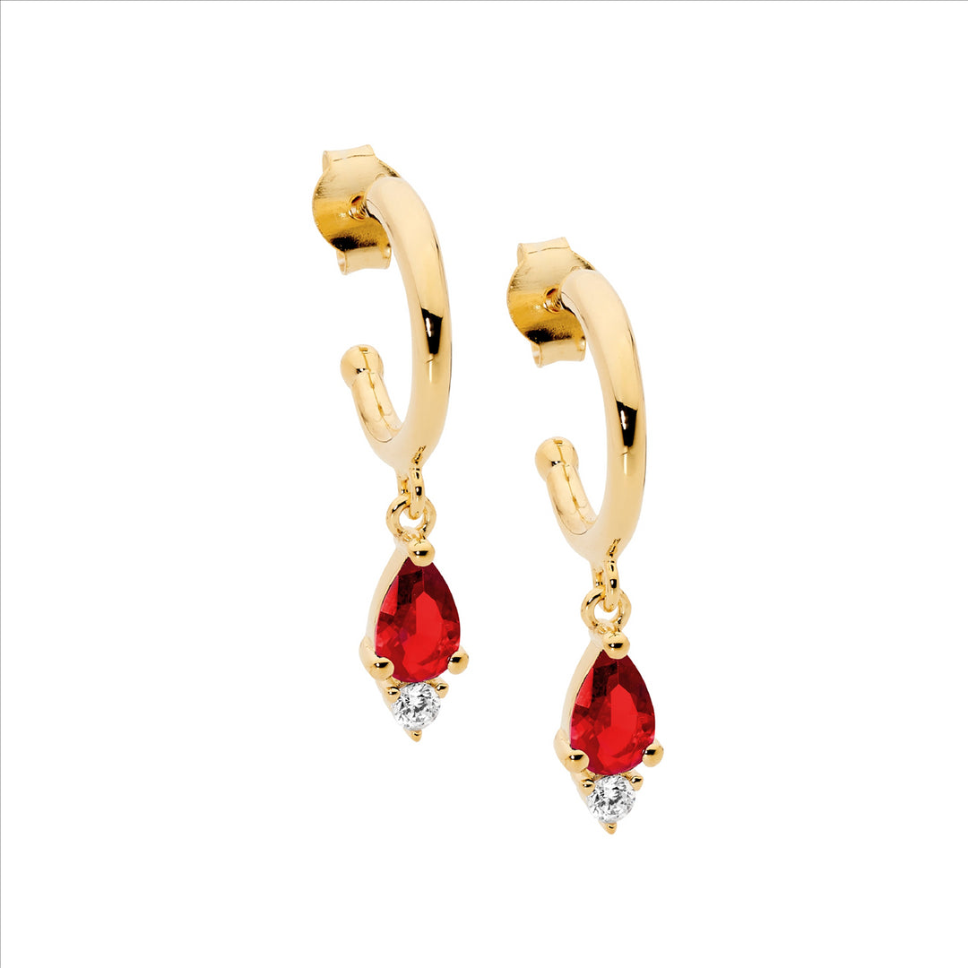 SS 13mm Hoop Earrings, Red Pear & WH Rnd CZ Drop w/Gold Plating