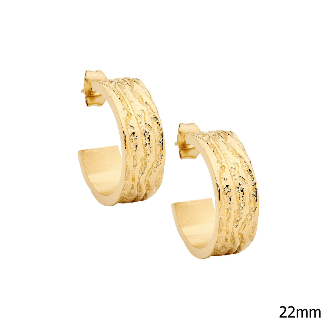 Stainless steel wave feature 22mm hoop earrings, gold IP plated