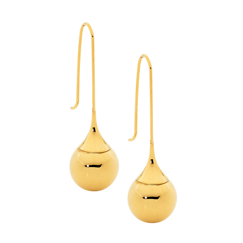 Stainless Steel Long Drop Earrings w/ Ball & Gold IP Plating