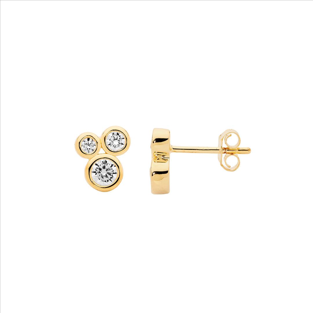 SS bezel set wh cz cluster earrings w/gold plating