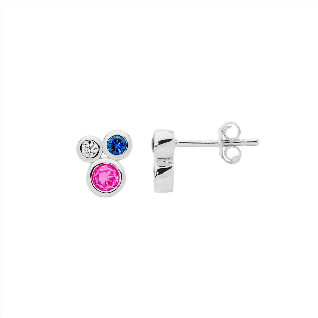 SS bezel set multi colour cz cluster earrings w/gold plating