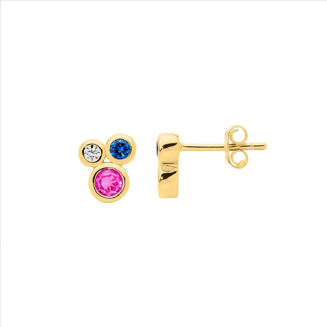 SS bezel set multi colour cz cluster earrings w/gold plating