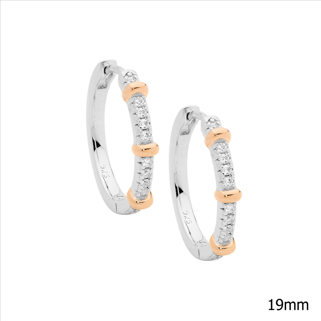 SS 19mm wh cz hoop earrings w/ 3x rose gold plated bands