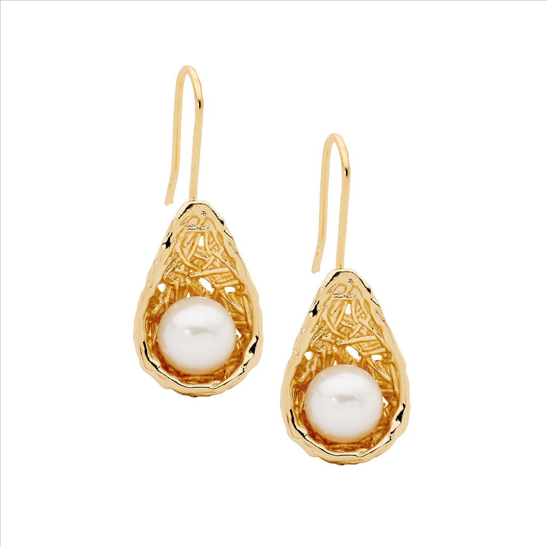 SS freshwater pearl in weave basket earrings w/gold plating