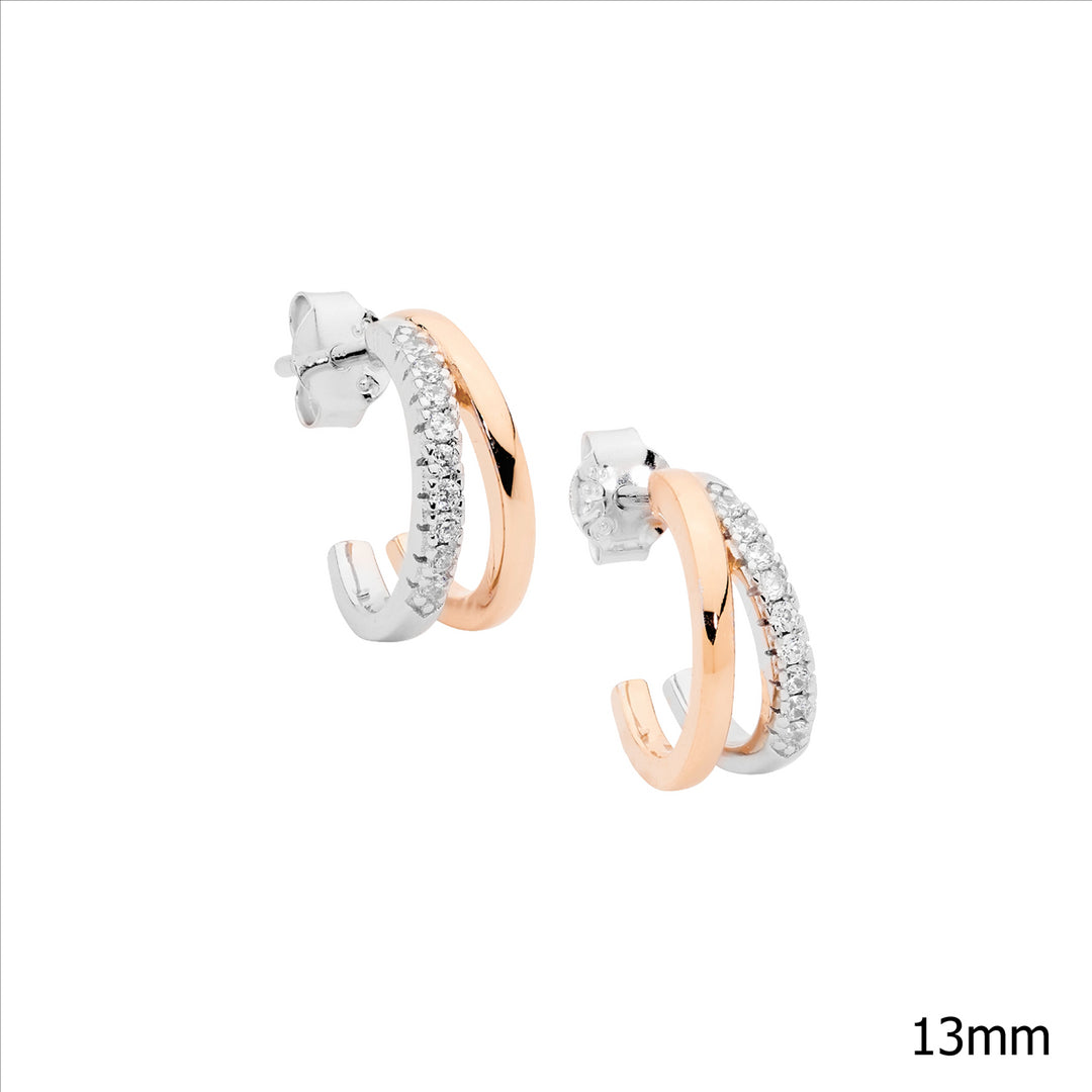 SS 13mm dble split hoop earrings, 1 hoop wh cz w/rose gold plating