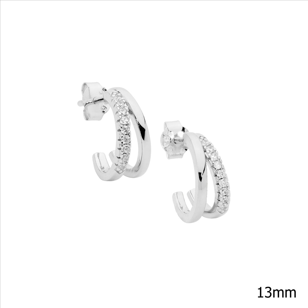 SS 13mm dble split hoop earrings, 1 hoop wh cz