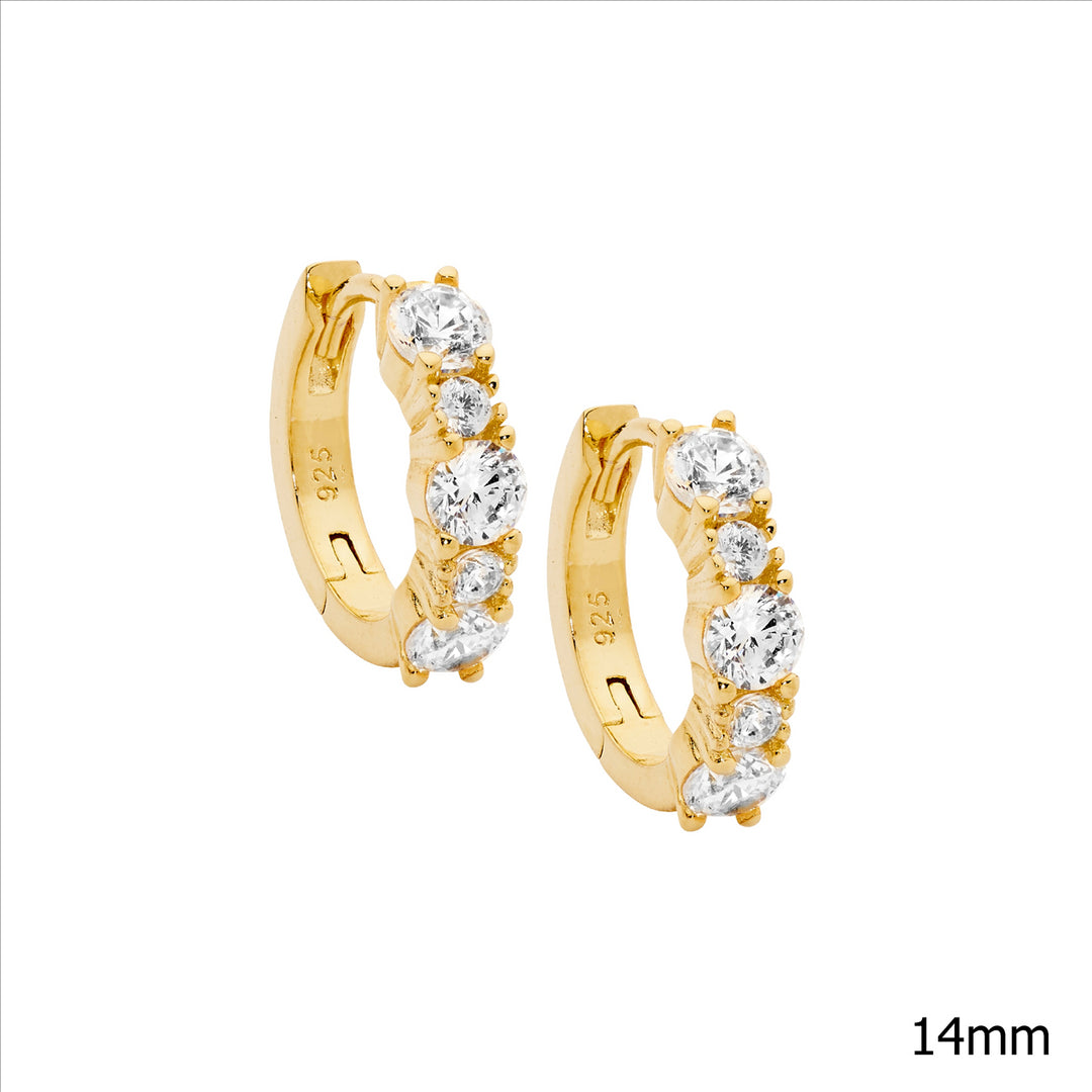 SS 14mm hoop earrings w/ 2 & 3.5mm wh cz, gold plating