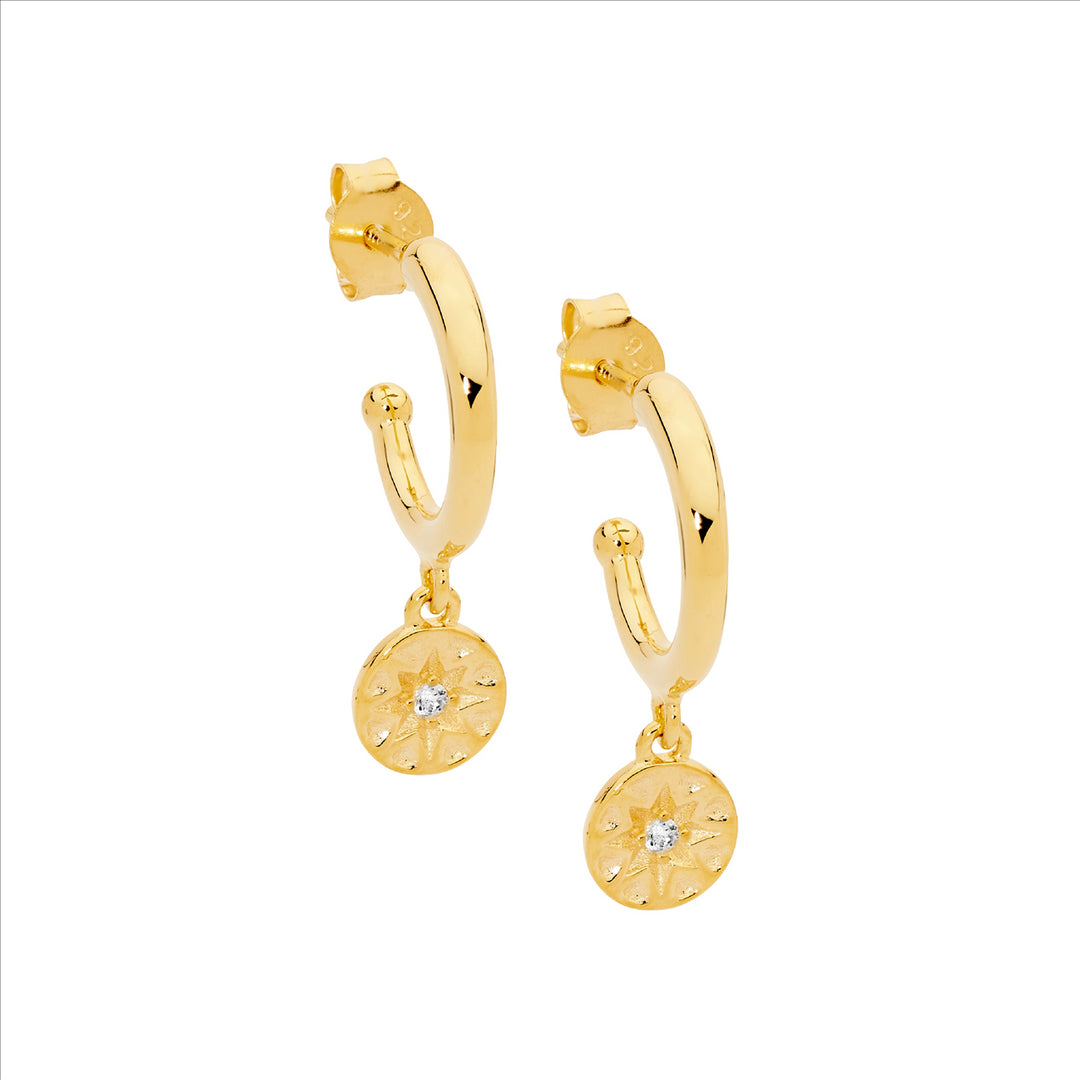 SS 13mm hoop earrings, wh cz star disk w/gold plating