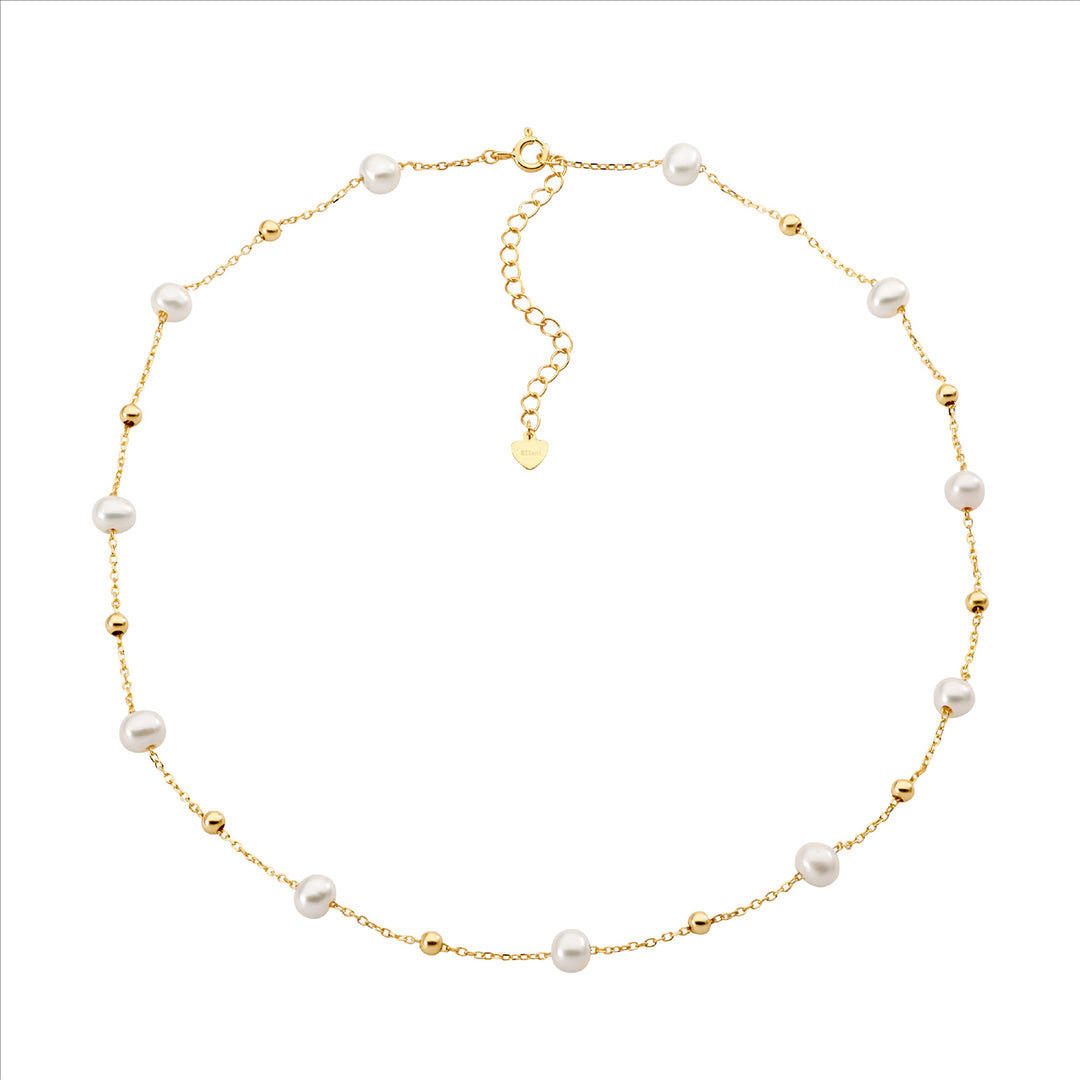 SS freshwater pearl & ball 40+5cm necklace w/gold plating