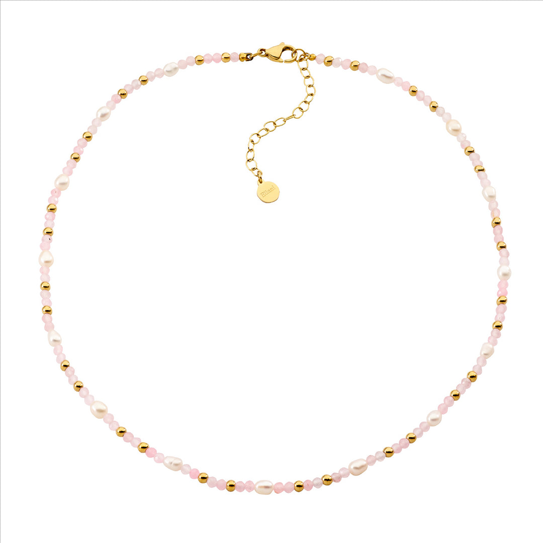 Stainless steel rose quartz & freshwater pearl 40cm necklace w/gold IP plating