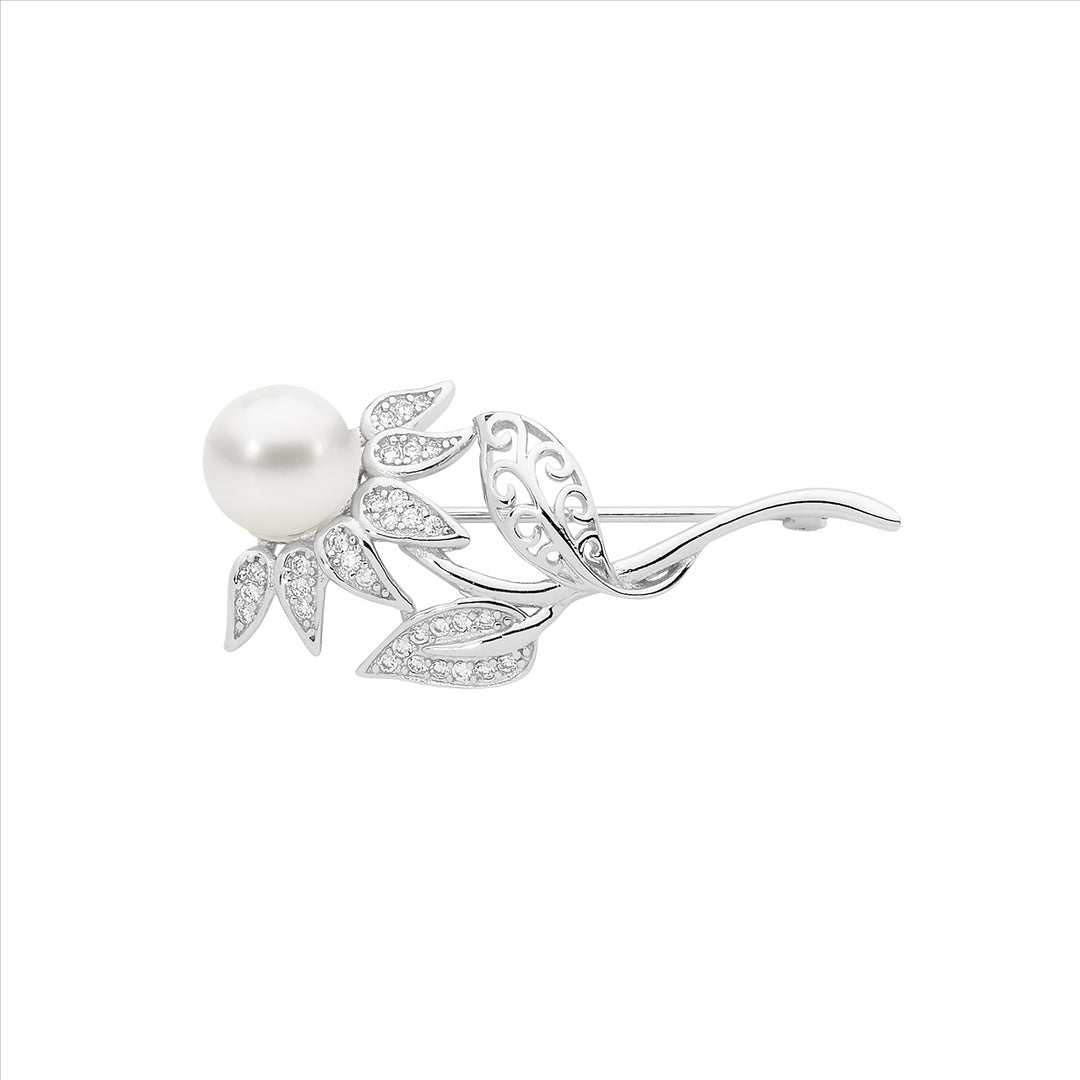 SS WH CZ Flower Brooch w/ Freshwater Pearl