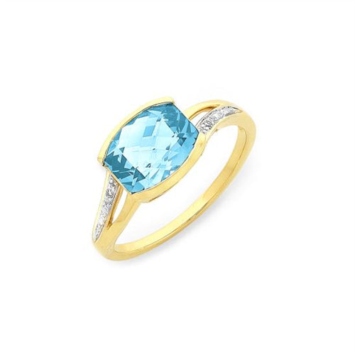 9Ct Yellow gold Blue Topaz & Diamond Ring